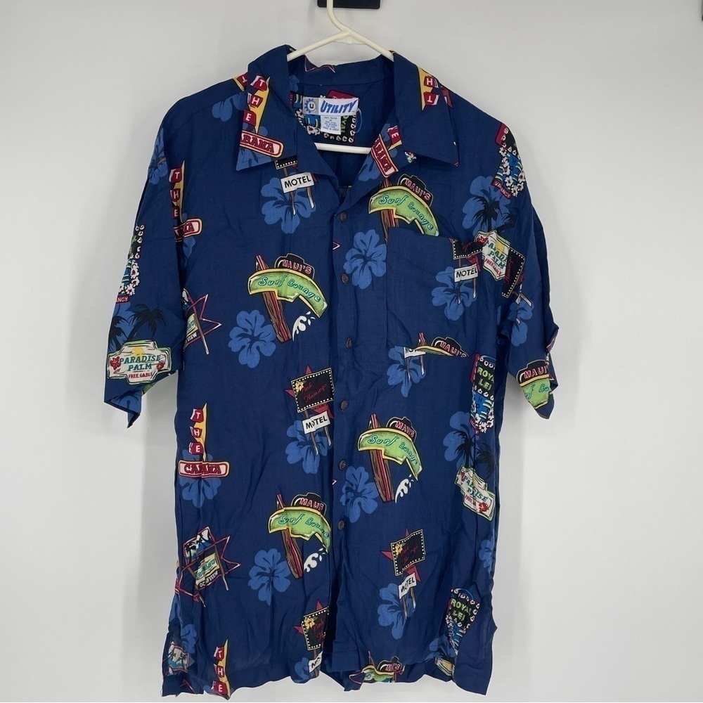 80’s Blue Hotel Sign Print Men's Short Sleeve Button Up Hawaiian
